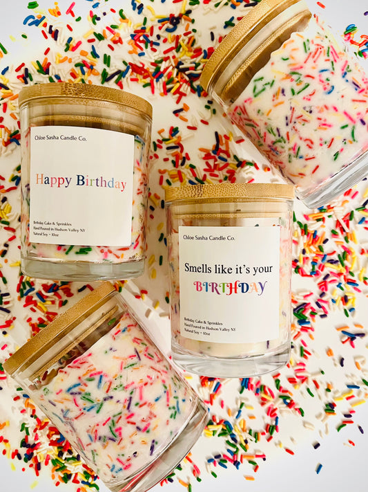 Birthday cake, sweet vanilla hand poured natural soy candle. A sugary burst of vanilla cake and rainbow sprinkles, pure celebration in a scent. You choose what the label will say from the options. Pearlized white shimmer upon melting.