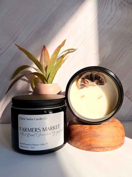 Farmers Market, citrus fragrance hand poured natural soy candle. A sharp, invigorating rush of crisp citrus—clean, zesty, and brilliantly bright. Notes of fresh mint, basil, clementine & grapefruit. Pearlized white shimmer upon melting.