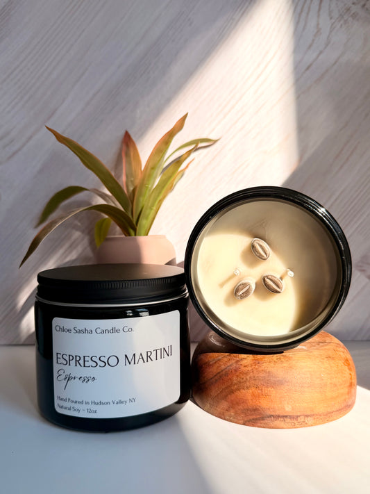Espresso Martini coffee hand poured natural soy candle. The aromatic wafting scent of a freshly brewed cup of espresso heaven. Notes of espresso coffee. Coffee beans pearlized cocoa brown shimmer upon melting.