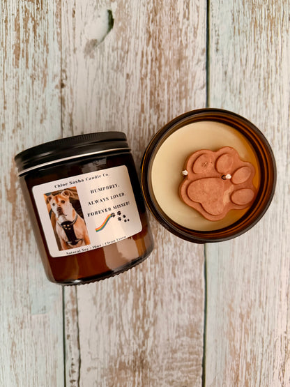 Pet Memorial hand poured natural soy candle. THIS CANDLE GIVES BACK. 100% annual sales goes to rescue/shelter at the end of the year. This candle is a beautiful way to honor a beloved pet and bring comfort to those grieving. Each candle is created with extra love, care & respect. The paw is a personal touch where you choose the color to match the beloved’s fur or it can be a favorite color. No matter your choice, this will make a lovely gift for anyone, including yourself. A sympathy card included.