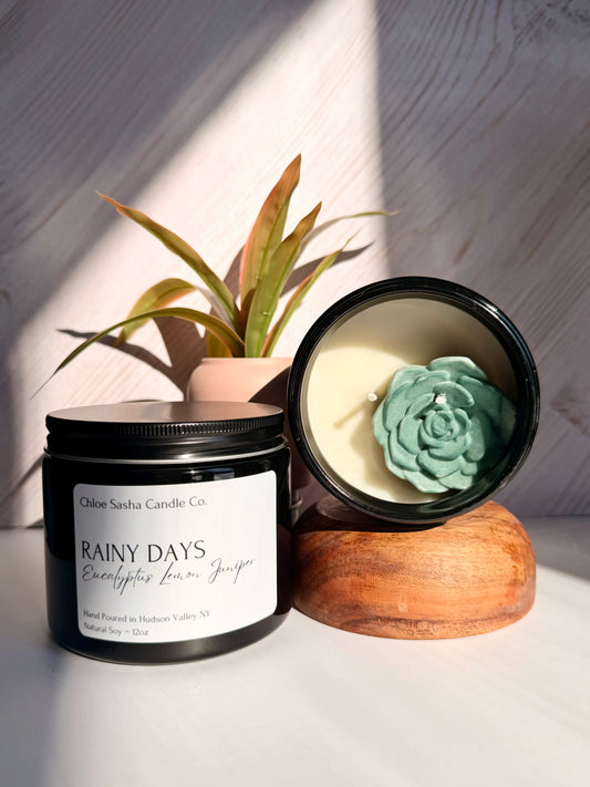 Eucalyptus hand poured natural soy candle. Rainy Days a refreshingly invigorating yet profoundly calming-a serene take on eucalyptus at its most tranquil, enveloped in gentle, self-care aromatherapy. Notes of eucalyptus, spearmint leaf &amp; juniper. Succulent pearlized sage green shimmer upon melting.
