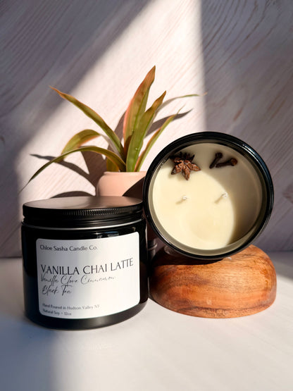 Vanilla Chai Latte hand poured natural soy candle. A slow, velvet ribbon of warm vanilla and spiced chai curls through the air—golden, honeyed, faintly smoky—wrapping around you until every nerve screams for the real thing: that first molten sip of a true Vanilla Chai Latte. Notes of cinnamon, vanilla, clove, cassia, and orange. Pearlized white shimmer upon melting.